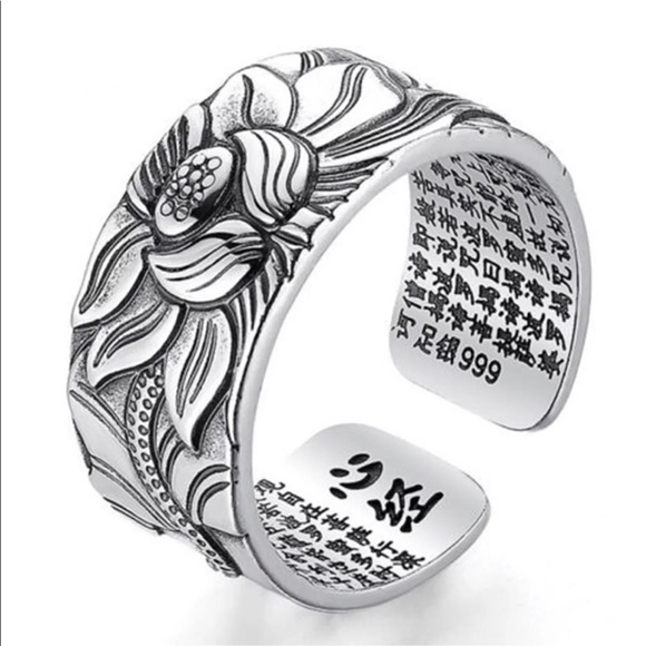 Heart Sutra lotus adjustable silver ring - Picture 4 of 9